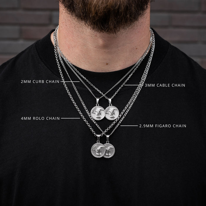Man wearing multiple silver medallion necklaces with chain types labeled on a black background