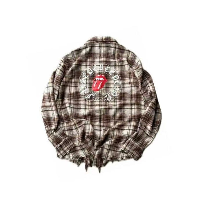 False Perception Tongue Logo Green Plaid Shirt
