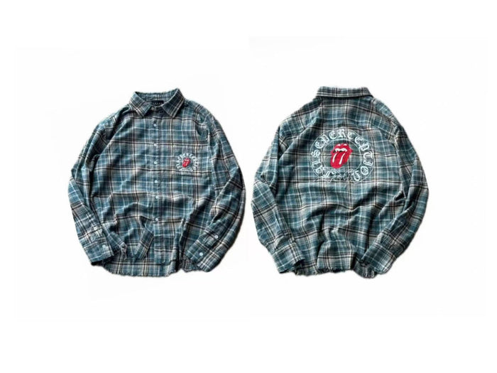 False Perception Tongue Logo Green Plaid Shirt