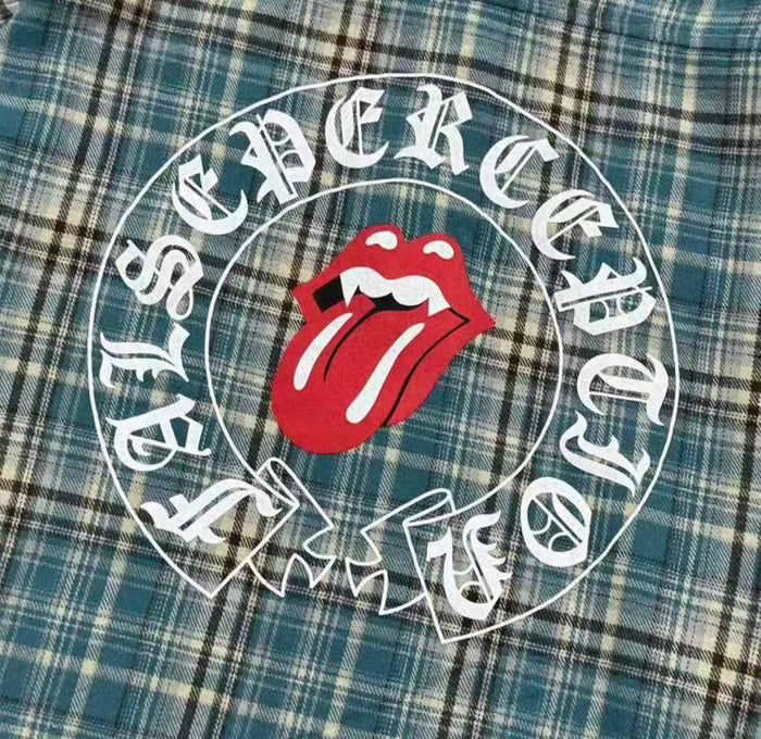 False Perception Tongue Logo Green Plaid Shirt