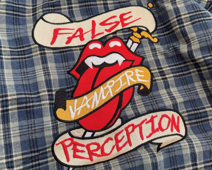False Perception Vampire Tongue Blue Plaid Shirt