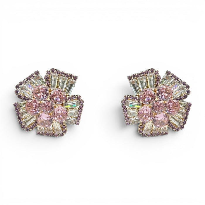 Fausta Pink Sapphire And Baguette Crystal Clip On Button Earrings