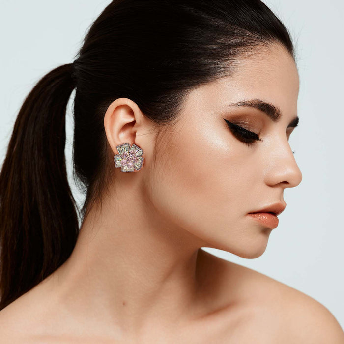 Fausta Pink Sapphire And Baguette Crystal Clip On Button Earrings