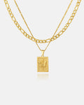 The Figaro Set (Custom Pendant Choice) (Gold) features a thin chain, a medium gold Figaro chain, and an 18k gold pendant necklace with a rectangular bee charm, all displayed on a white background.