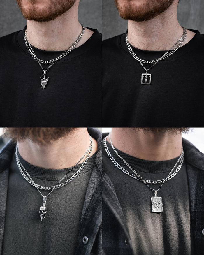 Four close-up photos feature a man in black shirts wearing Statement Collective's Figaro Set (Custom Pendant Choice), showcasing unique stainless steel pendants: rose, cross square, skull, and rectangular fleur-de-lis on Figaro chains.