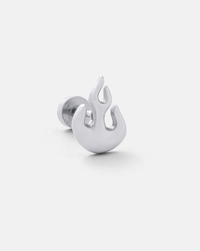 Silver Flame Stud Earring by statement collective on grey background