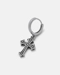 The French Cross Earring by Statement Collective features a silver hoop with a dangling cross pendant adorned with raised dots—an ideal choice for stylish men's cross earrings, shown on a light gray background.