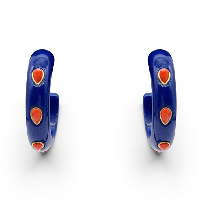 Genevieve Navy Resin Hoop Earrings With Faceted Coral Glass Pear Stones