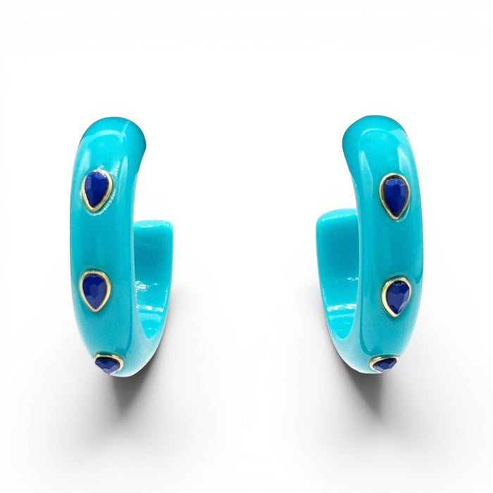 Genevieve Turquoise Resin Hoop Earrings With Faceted Lapis Glass Pear Stones