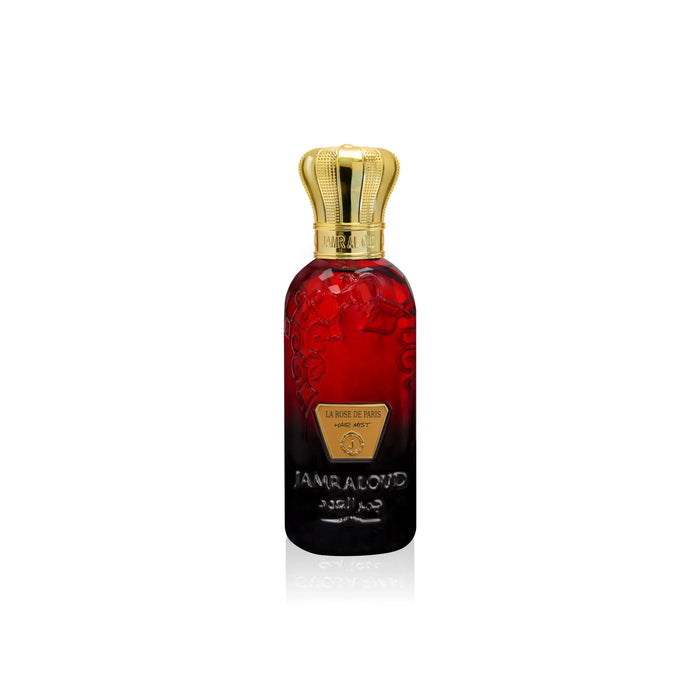Jamr Al Oud La Rose de Paris luxury red and gold perfume bottle on white background