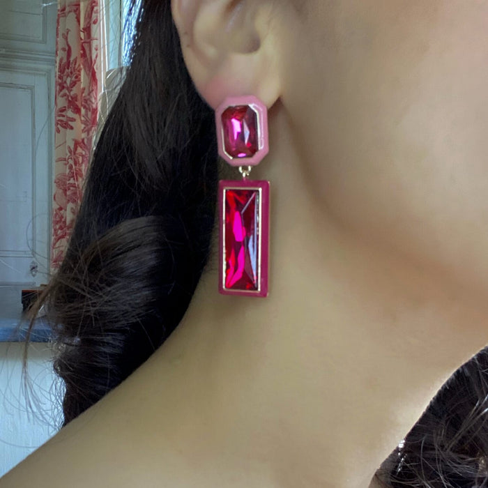 Gioia Pink And Red Enamel Edged Pink And Fuchsia Glass Stone Earrings