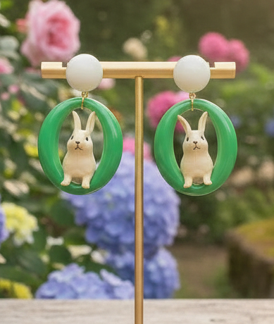 Green Oval with Rabbit Dangle Earrings
