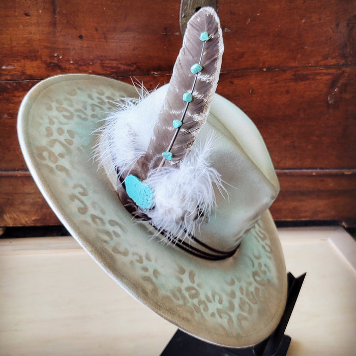Hand-painted leopard cowgirl felt hat in mint with a leather band