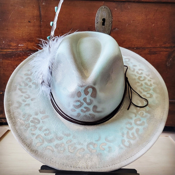 Hand-painted leopard felt hat in mint, additional view