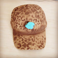 Hand-painted leopard suede baseball cap in tan with a turquoise slab