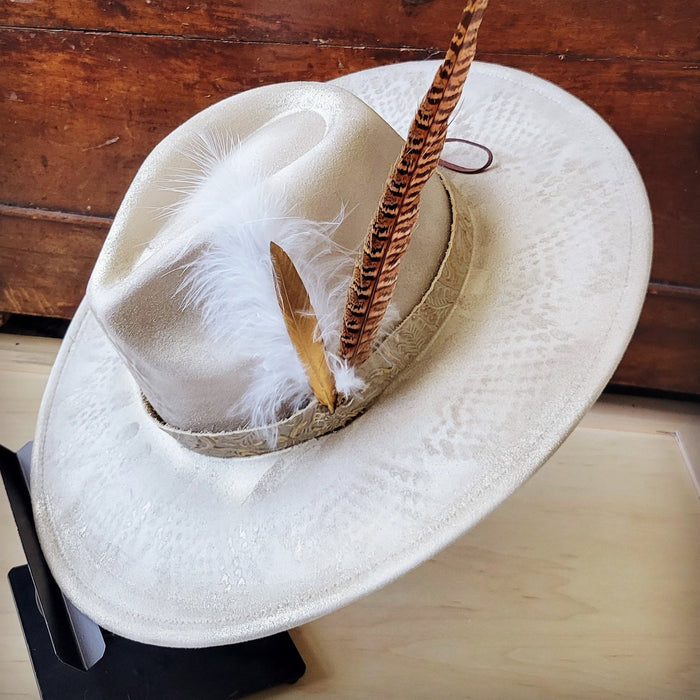Hand-painted python cowgirl felt hat in gold with a leather band