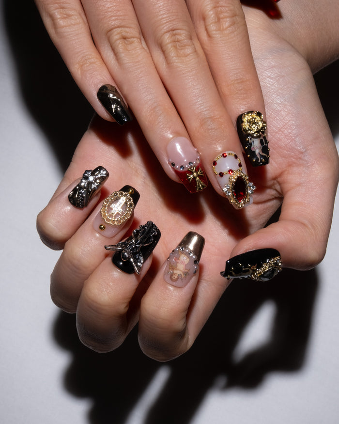 Gold Black and Red Press On Nails