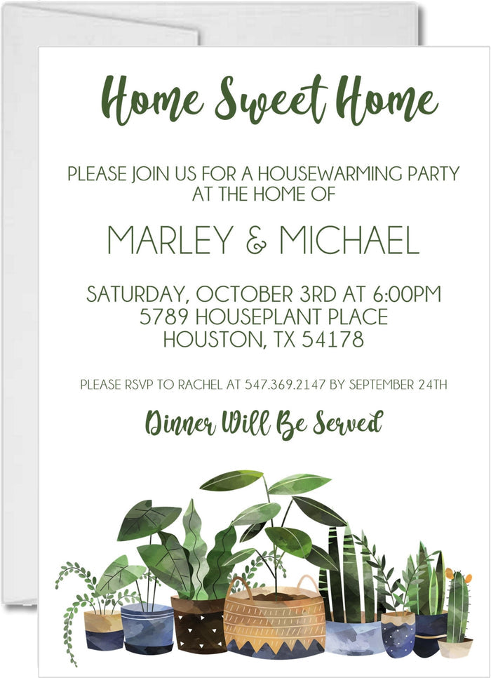 Home Sweet Home housewarming invitation with illustrated potted plants