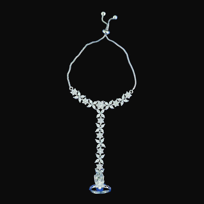 Silver floral necklace on a blue background