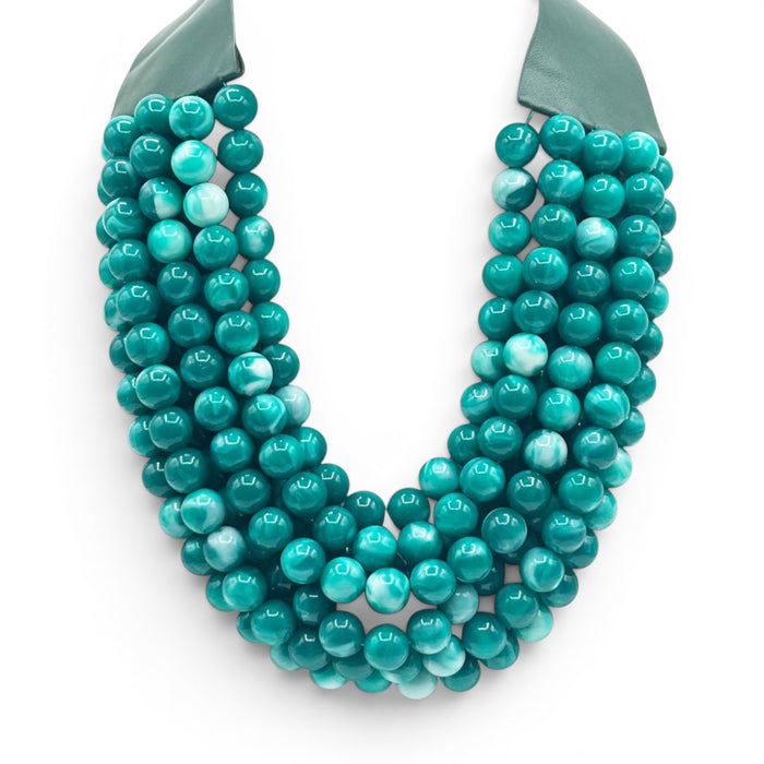 Isadora Multi Shades Of Turquoise Multi Strand Resin Necklace With Ivory Vegan Adjustable Clasp