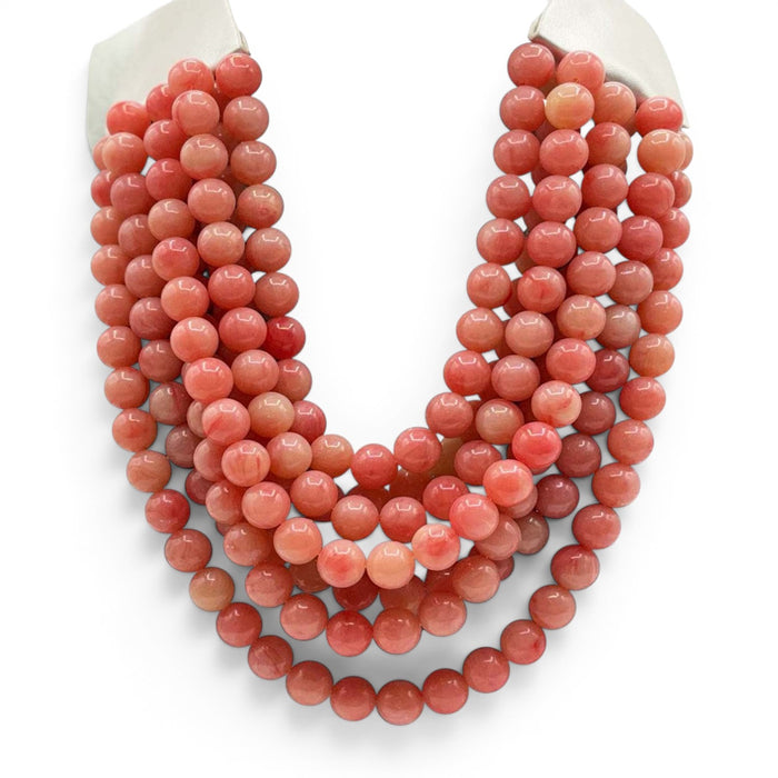 Isadora Multi-Strand Coral Resin Bead Necklace With Ivory Vegan Leather Adjustable Clasp