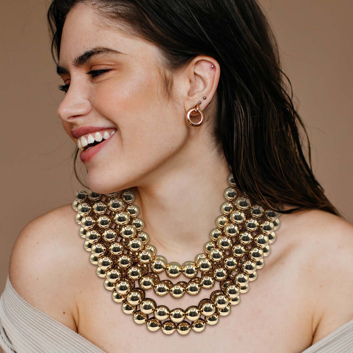 Isadora Multi-Strand Gold-Plated Resin Bead Necklace With Black Vegan Leather Clasp
