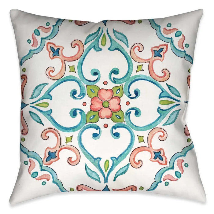 Laural Home's "Jewel Medallion I Indoor Decorative Pillow" displays a watercolor like design of a mosaic motif. The pink, turquoise and green color palate accentuate the motif off the white ground. The "Jewel Medallion" pillow collection is sure to make a beautiful display in any living space