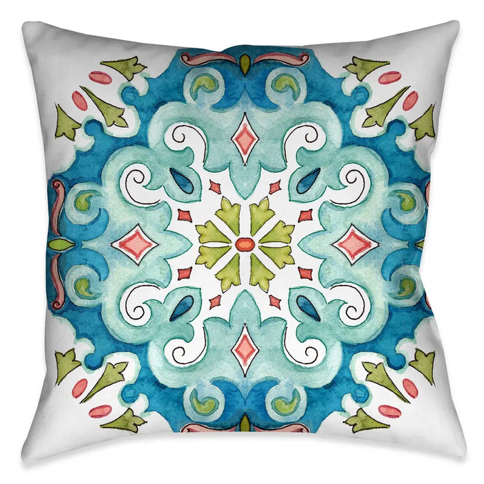 Laural Home's "Jewel Medallion II Indoor Decorative Pillow" displays a watercolor like design of a mosaic motif. The pink, turquoise and green color palate accentuate the motif off the white ground. The "Jewel Medallion" pillow collection is sure to make a beautiful display in any living space
