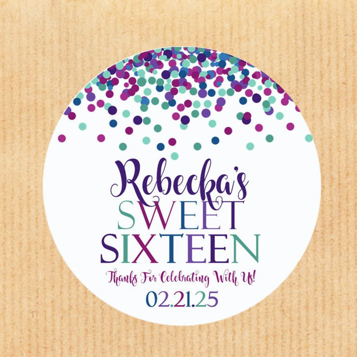 Purple teal confetti Sweet 16 personalized sticker