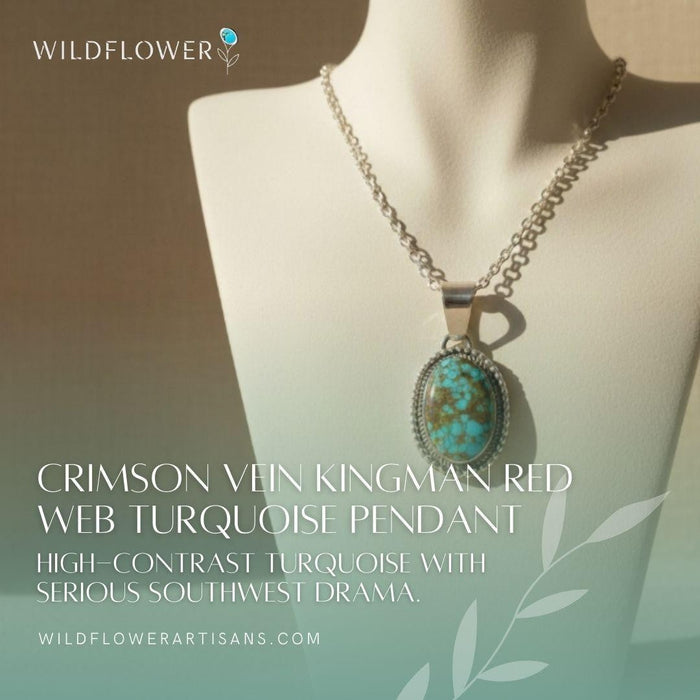 Wildflower Artisans Kingman Red Web turquoise pendant in sterling silver on a display bust.