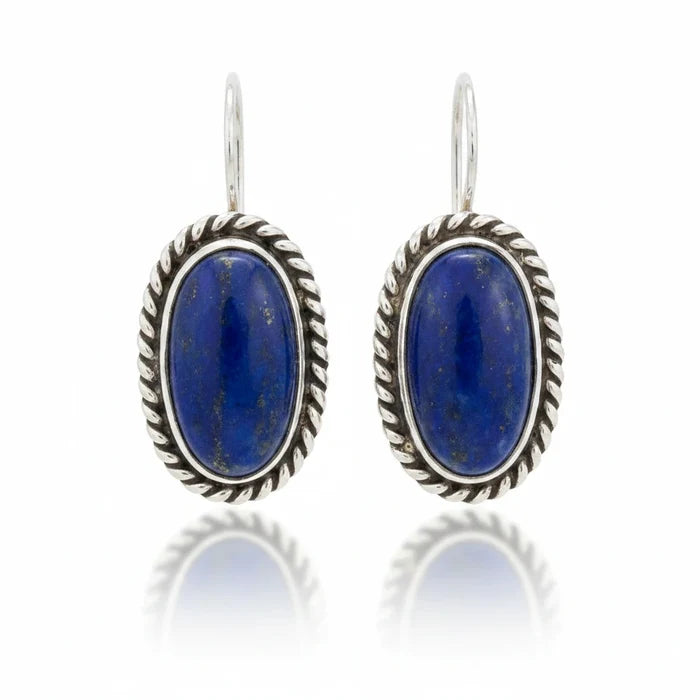 Wildflower Artisans oval lapis lazuli earrings in sterling silver with a handcrafted twisted rope bezel and wire hooks.