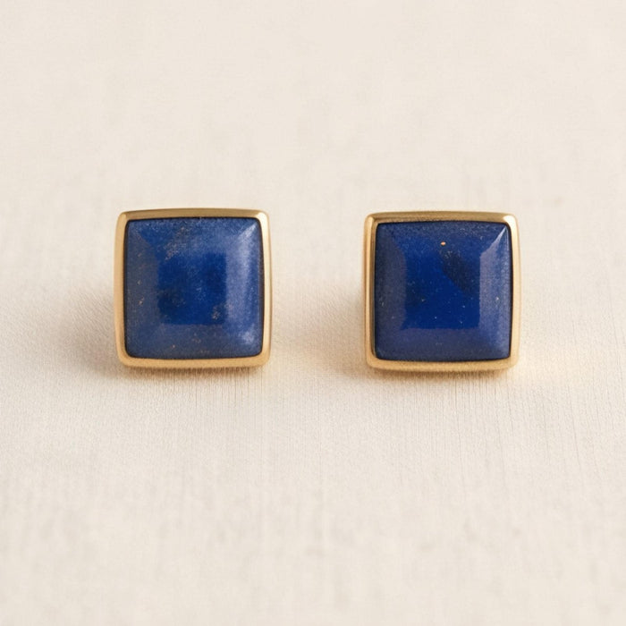 Lapis Lazuli Square Stud Earrings, solid 14K Gold Bezel