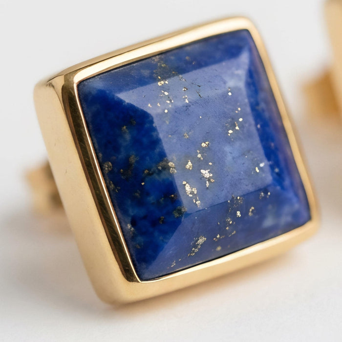 Lapis Lazuli Square Stud Earrings, solid 14K Gold Bezel, side view