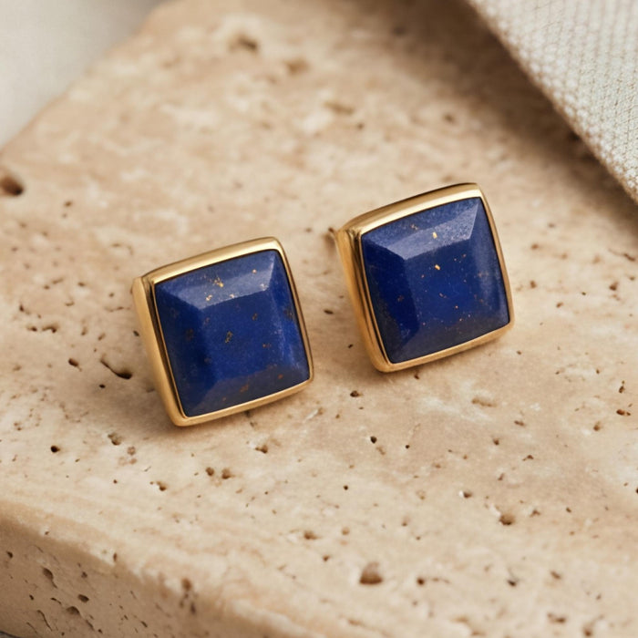 Lapis Lazuli Square Stud Earrings, solid 14K Gold Bezel, on model