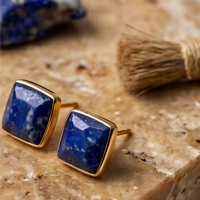 Lapis Lazuli Square Stud Earrings, solid 14K Gold Bezel, stone close-up