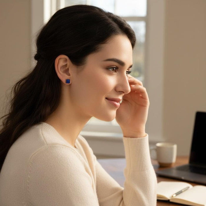 Lapis Lazuli Square Stud Earrings, solid 14K Gold Bezel, artisan craftsmanship