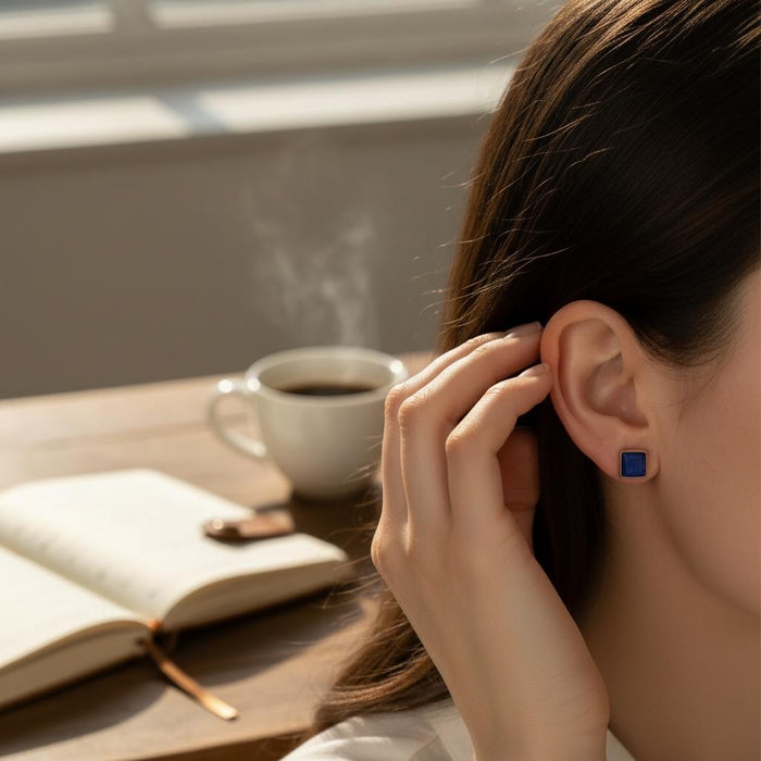 Lapis Lazuli Square Stud Earrings, solid 14K Gold Bezel, back view