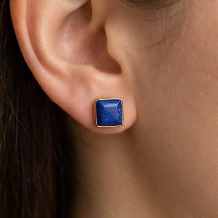 Lapis Lazuli Square Stud Earrings, solid 14K Gold Bezel, scale reference