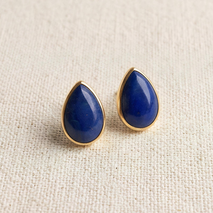 Lapis Lazuli Teardrop Stud Earrings, solid 14K Gold Bezel