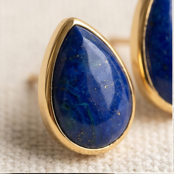 Lapis Lazuli Teardrop Stud Earrings, solid 14K Gold Bezel, side view