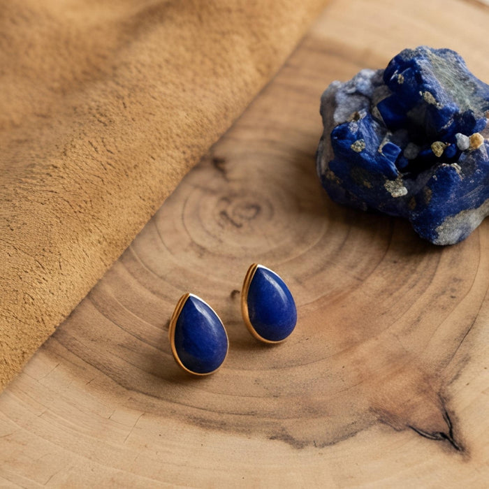 Lapis Lazuli Teardrop Stud Earrings, solid 14K Gold Bezel, scale reference