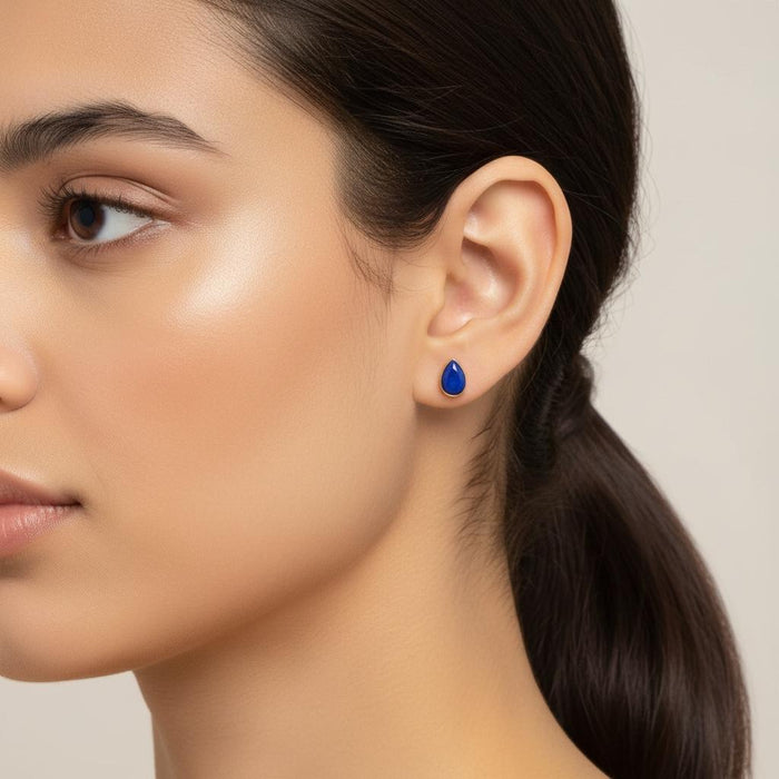 Lapis Lazuli Teardrop Stud Earrings, solid 14K Gold Bezel, post and back detail