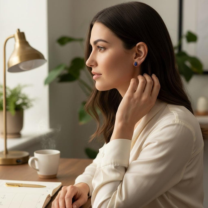 Lapis Lazuli Teardrop Stud Earrings, solid 14K Gold Bezel, artisan craftsmanship