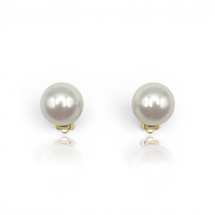 Celine Large Round Clip On Shell Based Pearl Earrings In Gold Plated Sterling Silver