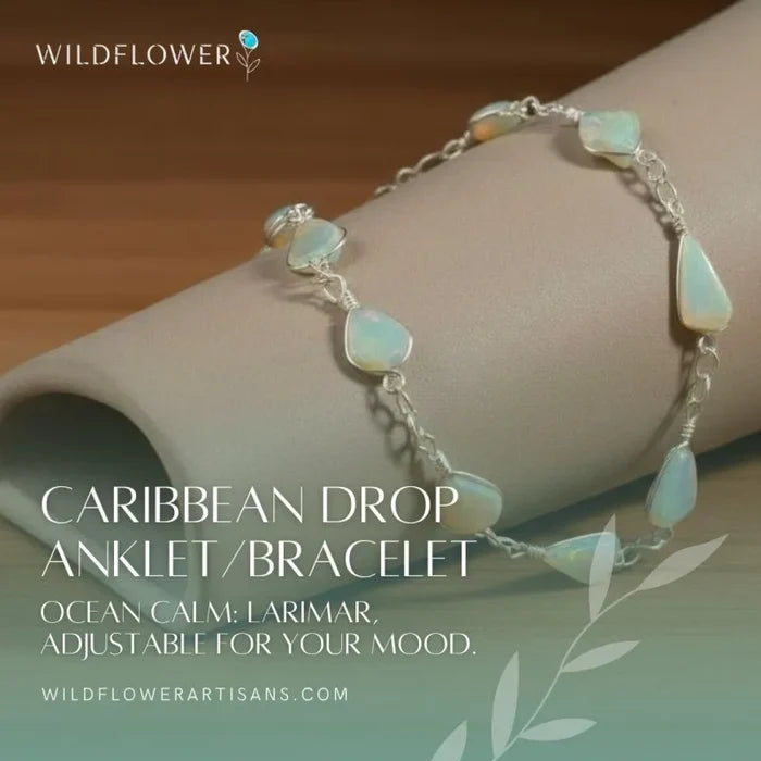 Caribbean Drop, Larimar Adjustable Anklet & Bracelet, Sterling Silver