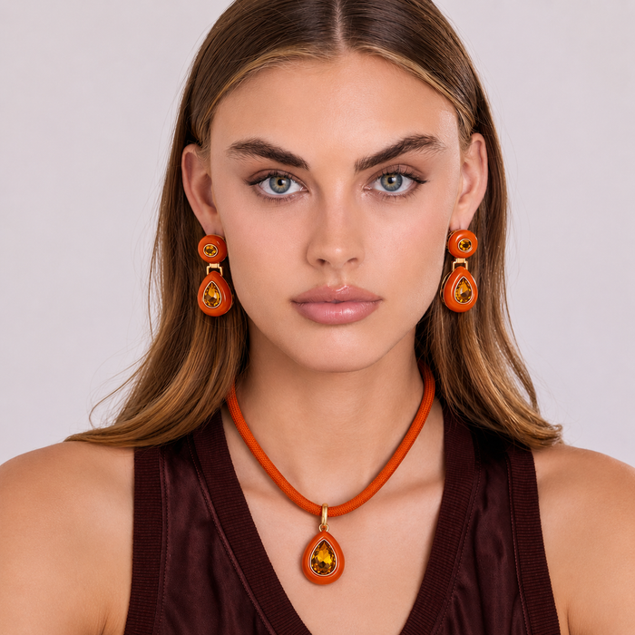 Lena Orange Resin And Topaz Crystal Pear Drop Necklace