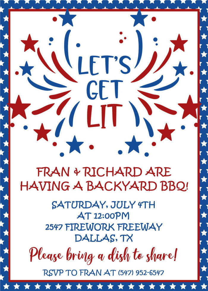 Red blue fireworks Independence Day backyard party invitation