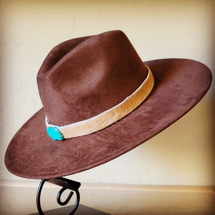Light hair-on-hide leather hat band with a turquoise slab