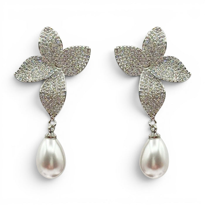 Liviana Cubic Zirconium Pave And Pearl Drop Clip On Earrings