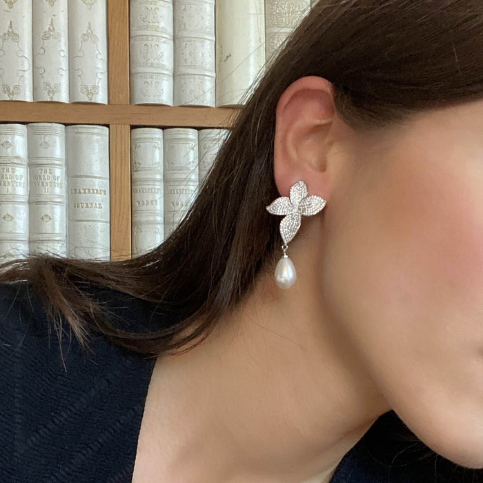 Liviana Cubic Zirconium Pave And Pearl Drop Clip On Earrings